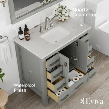 Hampton 36"W x 22"D Gray Bathroom Vanity with White Carrara Quartz Countertop and Undermount Porcelain Sink EVVN411-36X18GQ