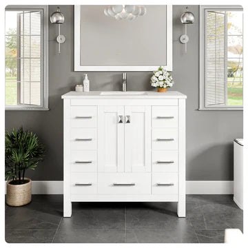 Hampton 36"W x 22"D White Bathroom Vanity with White Carrara Quartz Countertop and Undermount Porcelain Sink EVVN411-36X18WQ