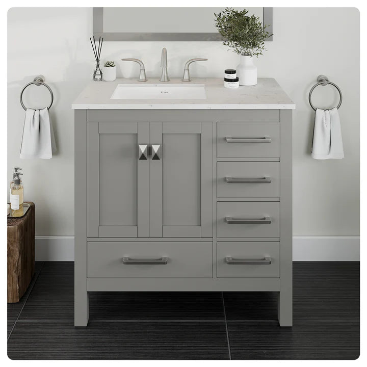 Aberdeen 36"W x 22"D Gray Bathroom Vanity with White Carrara Quartz Countertop and Undermount Porcelain Sink EVVN412-36GR-Q