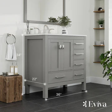 Aberdeen 36"W x 22"D Gray Bathroom Vanity with White Carrara Quartz Countertop and Undermount Porcelain Sink EVVN412-36GR-Q