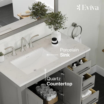 Aberdeen 36"W x 22"D Gray Bathroom Vanity with White Carrara Quartz Countertop and Undermount Porcelain Sink EVVN412-36GR-Q