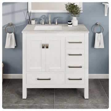 Aberdeen 36"W x 22"D White Bathroom Vanity with White Carrara Quartz Countertop and Undermount Porcelain Sink EVVN412-36WH-Q