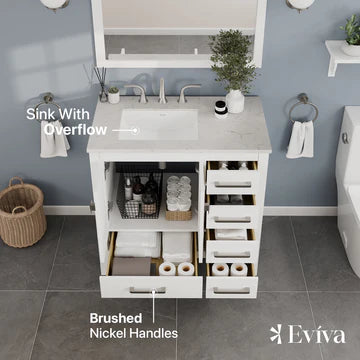 Aberdeen 36"W x 22"D White Bathroom Vanity with White Carrara Quartz Countertop and Undermount Porcelain Sink EVVN412-36WH-Q