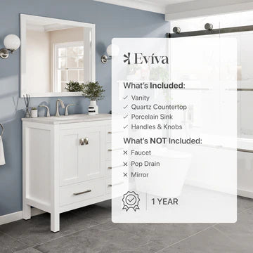 Aberdeen 36"W x 22"D White Bathroom Vanity with White Carrara Quartz Countertop and Undermount Porcelain Sink EVVN412-36WH-Q