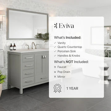 Aberdeen 48"W x 22"D Gray Bathroom Vanity with White Carrara Quartz Countertop and Undermount Porcelain Sink EVVN412-48GR-Q