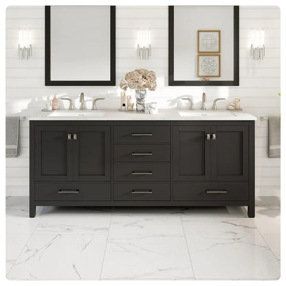 Aberdeen 78"W x 22"D Espresso Double Sink Bathroom Vanity with White Carrara Quartz Countertop and Undermount Porcelain Sinks EVVN412-78ES-Q