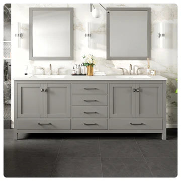 Aberdeen 84"W x 22"D Gray Double Sink Bathroom Vanity with White Carrara Quartz Countertop and Undermount Porcelain Sinks EVVN412-84GR-Q