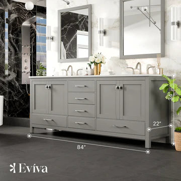 Aberdeen 84"W x 22"D Gray Double Sink Bathroom Vanity with White Carrara Quartz Countertop and Undermount Porcelain Sinks EVVN412-84GR-Q