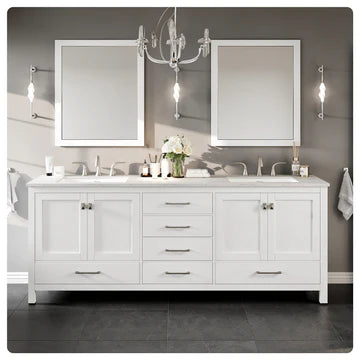 Aberdeen 84"W x 22"D White Double Sink Bathroom Vanity with White Carrara Quartz Countertop and Undermount Porcelain Sinks EVVN412-84WH-Q