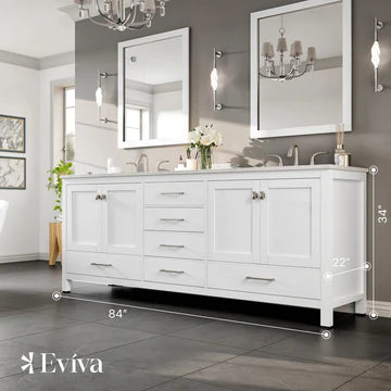 Aberdeen 84"W x 22"D White Double Sink Bathroom Vanity with White Carrara Quartz Countertop and Undermount Porcelain Sinks EVVN412-84WH-Q