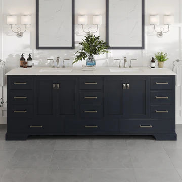 Storehouse 84"W x 22"D Dark Gray Double Sink Bathroom Vanity with White Carrara Quartz Countertop and Undermount Porcelain Sink EVVN416-84DGR-Q