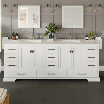 Storehouse 84"W x 22"D White Double Sink Bathroom Vanity with White Carrara Quartz Countertop and Undermount Porcelain Sink EVVN416-84WH-Q