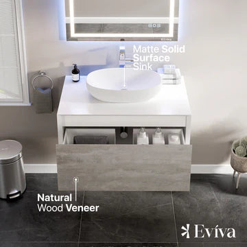 Santa Monica 36"W x 22"D Gray Wall Mount Bathroom Vanity with White Acrylic Countertop and Vessel Solid Surface Sink EVVN555-36GR