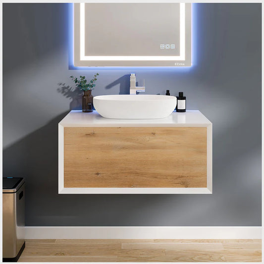 Santa Monica 36"W x 22"D White Oak Wall Mount Bathroom Vanity with White Acrylic Countertop and Vessel Solid Surface Sink EVVN555-36MWH