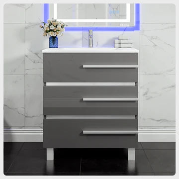 Deluxe 32"W x 18"D Gray Bathroom Vanity with White Porcelain Countertop and Integrated Sink EVVN580-32GR