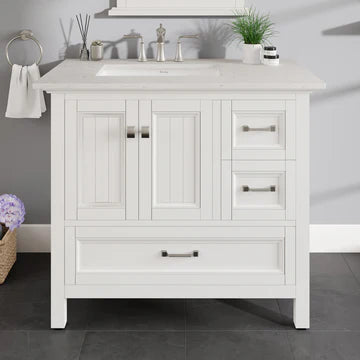 Britney 36"W x 22"D White Bathroom Vanity with White Carrara Quartz Countertop and Undermount Porcelain Sink EVVN612-36WH-Q