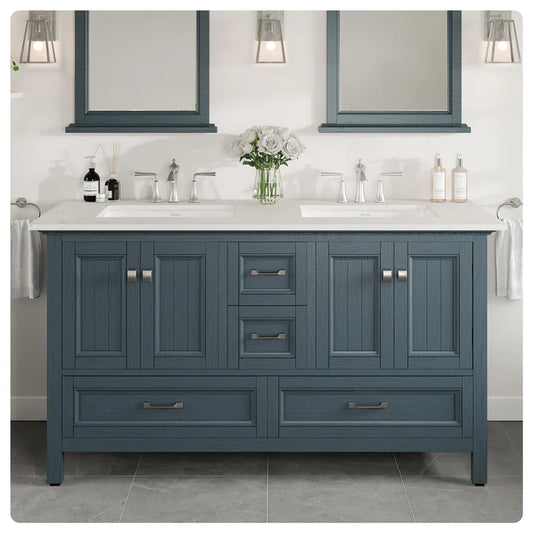 Britney 60"W x 22"D Ash Blue Double Sink Bathroom Vanity with White Carrara Quartz Countertop and Undermount Porcelain Sinks EVVN612-60AB-Q