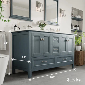 Britney 60"W x 22"D Ash Blue Double Sink Bathroom Vanity with White Carrara Quartz Countertop and Undermount Porcelain Sinks EVVN612-60AB-Q