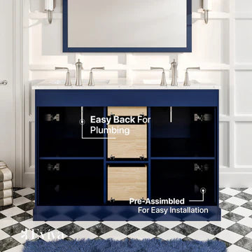 Epic 48"W x 22"D Blue Double Sink Bathroom Vanity with White Carrara Quartz Countertop and Undermount Porcelain Sinks EVVN666-48BLU-DS