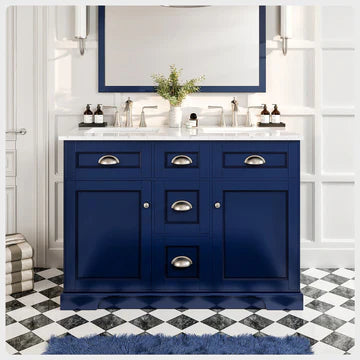 Epic 48"W x 22"D Blue Double Sink Bathroom Vanity with White Carrara Quartz Countertop and Undermount Porcelain Sinks EVVN666-48BLU-DS