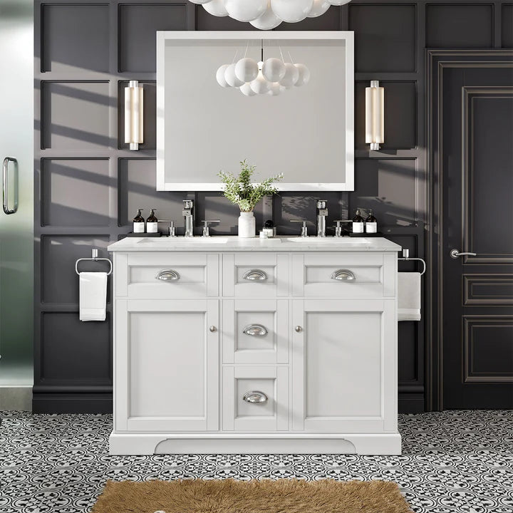 Epic 48"W x 22"D White Double Sink Bathroom Vanity with White Carrara Quartz Countertop and Undermount Porcelain Sinks EVVN666-48WH-DS