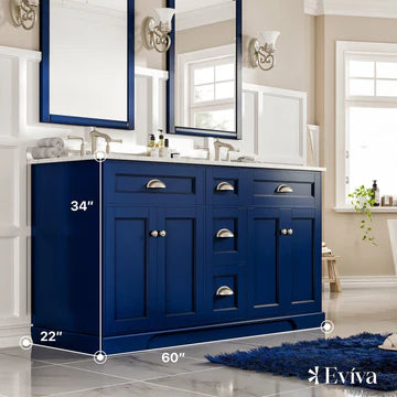 Epic 60"W x 22"D Blue Double Sink Bathroom Vanity with White Carrara Quartz Countertop and Undermount Porcelain Sinks EVVN666-60BLU