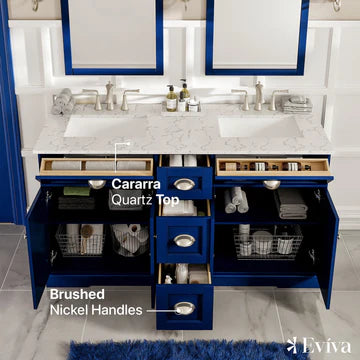 Epic 60"W x 22"D Blue Double Sink Bathroom Vanity with White Carrara Quartz Countertop and Undermount Porcelain Sinks EVVN666-60BLU