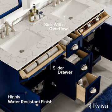 Epic 60"W x 22"D Blue Double Sink Bathroom Vanity with White Carrara Quartz Countertop and Undermount Porcelain Sinks EVVN666-60BLU