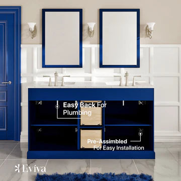 Epic 60"W x 22"D Blue Double Sink Bathroom Vanity with White Carrara Quartz Countertop and Undermount Porcelain Sinks EVVN666-60BLU