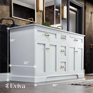 Epic 60"W x 22"D White Double Sink Bathroom Vanity with White Carrara Quartz Countertop and Undermount Porcelain Sinks EVVN666-60WH