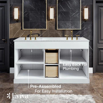 Epic 60"W x 22"D White Double Sink Bathroom Vanity with White Carrara Quartz Countertop and Undermount Porcelain Sinks EVVN666-60WH