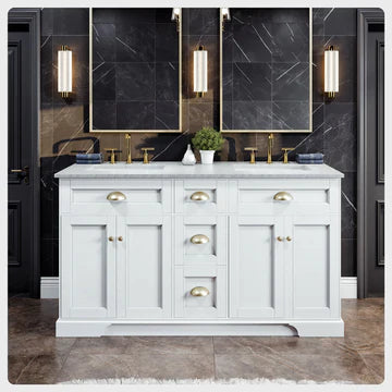 Epic 60"W x 22"D White Double Sink Bathroom Vanity with White Carrara Quartz Countertop and Undermount Porcelain Sinks EVVN666-60WH