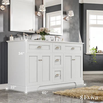 Epic 60"W x 22"D White Double Sink Bathroom Vanity with White Carrara Quartz Countertop and Undermount Porcelain Sinks EVVN666-60WH