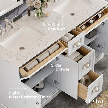 Epic 60"W x 22"D White Double Sink Bathroom Vanity with White Carrara Quartz Countertop and Undermount Porcelain Sinks EVVN666-60WH