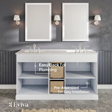 Epic 60"W x 22"D White Double Sink Bathroom Vanity with White Carrara Quartz Countertop and Undermount Porcelain Sinks EVVN666-60WH