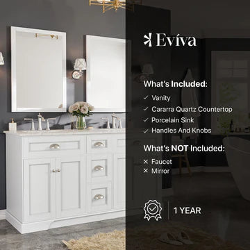 Epic 60"W x 22"D White Double Sink Bathroom Vanity with White Carrara Quartz Countertop and Undermount Porcelain Sinks EVVN666-60WH