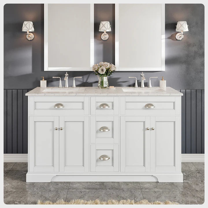 Epic 60"W x 22"D White Double Sink Bathroom Vanity with White Carrara Quartz Countertop and Undermount Porcelain Sinks EVVN666-60WH