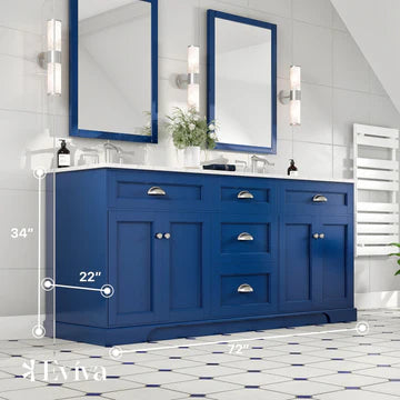 Epic 72"W x 22"D Blue Double Sink Bathroom Vanity with White Carrara Quartz Countertop and Undermount Porcelain Sinks EVVN666-72BLU