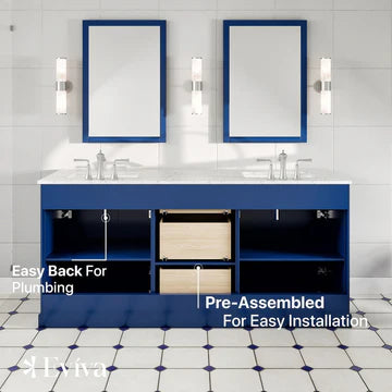 Epic 72"W x 22"D Blue Double Sink Bathroom Vanity with White Carrara Quartz Countertop and Undermount Porcelain Sinks EVVN666-72BLU