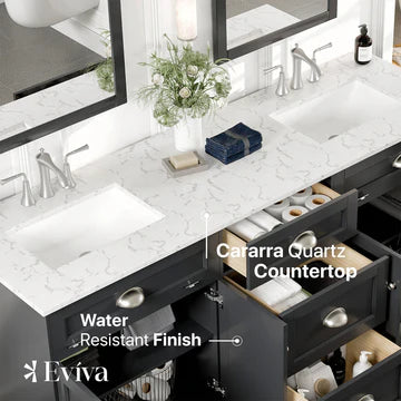 Epic 72"W x 22"D Charcoal Gray Double Sink Bathroom Vanity with White Carrara Quartz Countertop and Undermount Porcelain Sinks EVVN666-72CGR