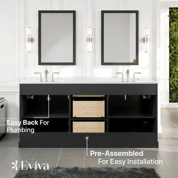 Epic 72"W x 22"D Charcoal Gray Double Sink Bathroom Vanity with White Carrara Quartz Countertop and Undermount Porcelain Sinks EVVN666-72CGR