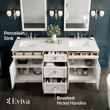 Epic 72"W x 22"D White Double Sink Bathroom Vanity with White Carrara Quartz Countertop and Undermount Porcelain Sinks EVVN666-72WH