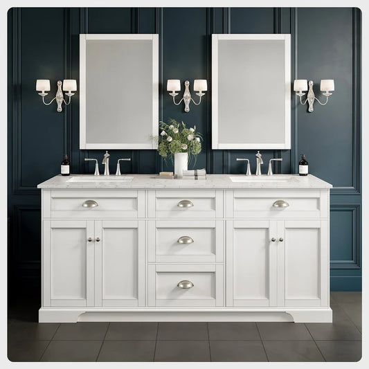 Epic 72"W x 22"D White Double Sink Bathroom Vanity with White Carrara Quartz Countertop and Undermount Porcelain Sinks EVVN666-72WH