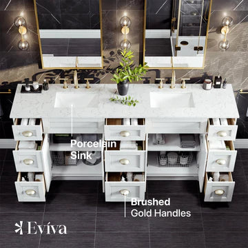 Epic 84"W x 22"D White Double Sink Bathroom Vanity with White Carrara Quartz Countertop and Undermount Porcelain Sinks EVVN666-84WH