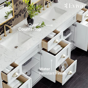 Epic 84"W x 22"D White Double Sink Bathroom Vanity with White Carrara Quartz Countertop and Undermount Porcelain Sinks EVVN666-84WH