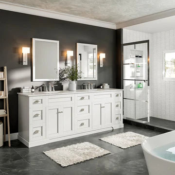 Epic 84"W x 22"D White Double Sink Bathroom Vanity with White Carrara Quartz Countertop and Undermount Porcelain Sinks EVVN666-84WH