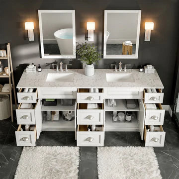 Epic 84"W x 22"D White Double Sink Bathroom Vanity with White Carrara Quartz Countertop and Undermount Porcelain Sinks EVVN666-84WH