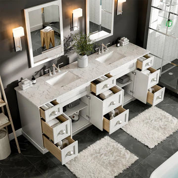 Epic 84"W x 22"D White Double Sink Bathroom Vanity with White Carrara Quartz Countertop and Undermount Porcelain Sinks EVVN666-84WH