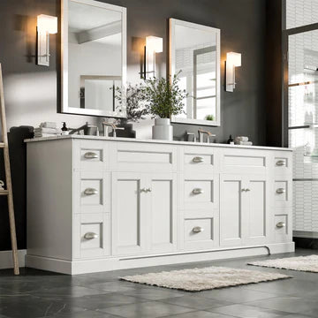 Epic 84"W x 22"D White Double Sink Bathroom Vanity with White Carrara Quartz Countertop and Undermount Porcelain Sinks EVVN666-84WH