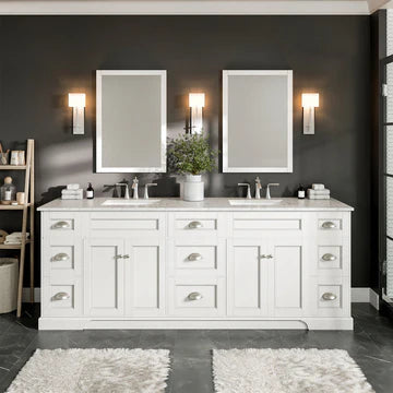 Epic 84"W x 22"D White Double Sink Bathroom Vanity with White Carrara Quartz Countertop and Undermount Porcelain Sinks EVVN666-84WH